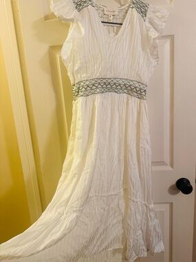 À la Plage White Maxi Babydoll Sun Dress with Smocked Detail Beach Dress Medium